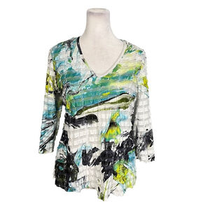 Sno Skins Turquoise White Crinkle 3/4 Sleeve Vneck Top Blouse Large